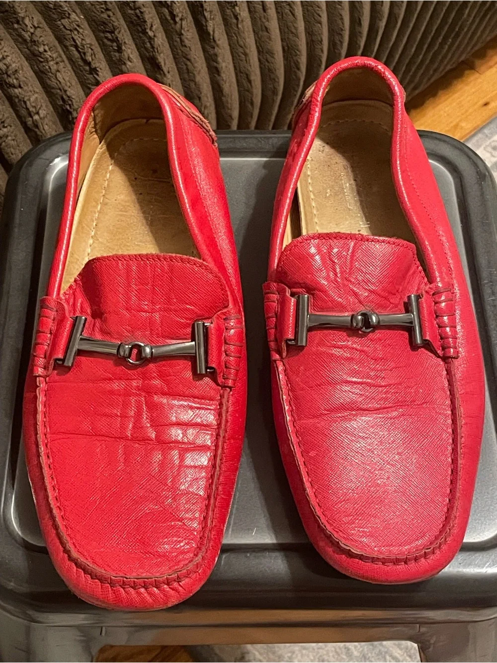 Bugatchi Red Leather Men’s Slip-On Loafers with Metal Bit